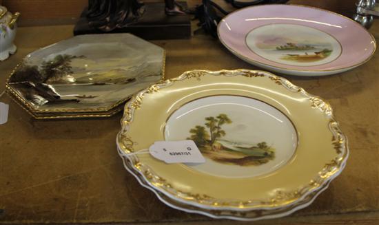 Pair Copeland landscape painted octagonal plates, Langdale & Loch Long, pair Copeland Garret Felspar scene plates & another